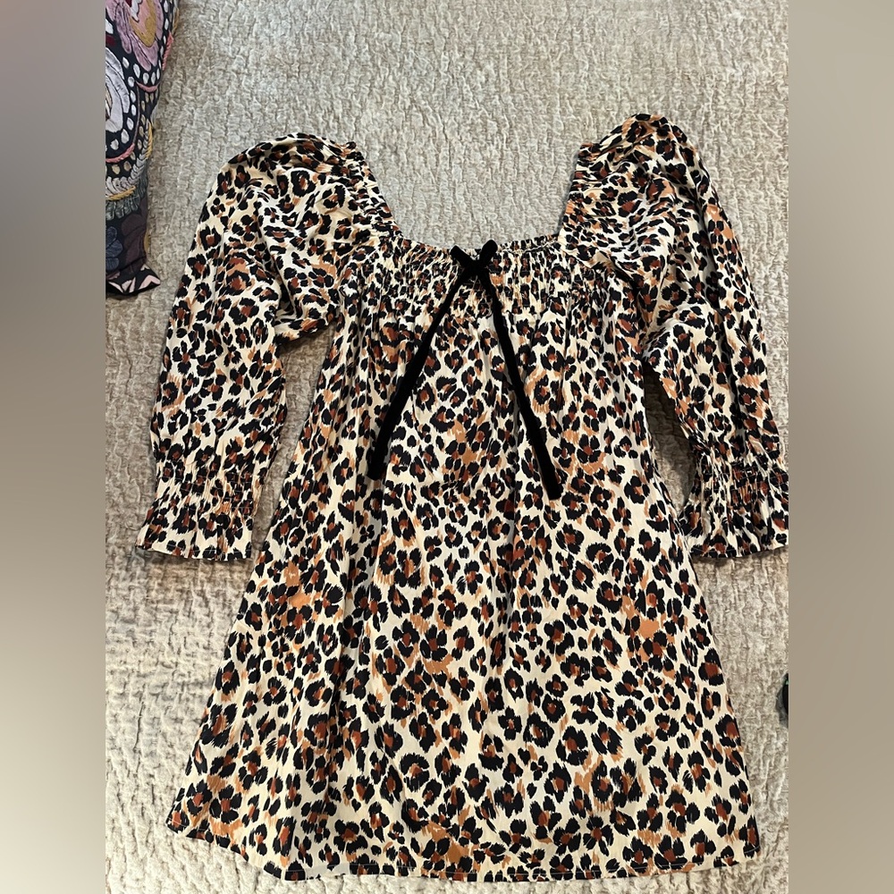 Mille Resort Leopard Smocked Puff Sleeve Cotton Mini Dress